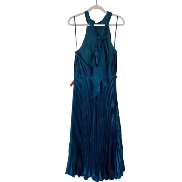 Ieena Mac Duggal Teal Satin Halter Neck Bow Pleated Sleeveless Midi Dress Size 8 - Picture 4 of 7